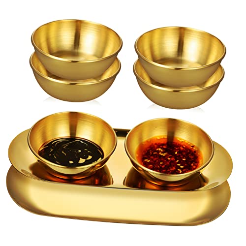 Unomor 6Pcs Stainless Steel Sauce Dishes with Decorative Trays Small Dip Bowls for Sushi Seasoning and Condiments for Dinner Parties and Buffets