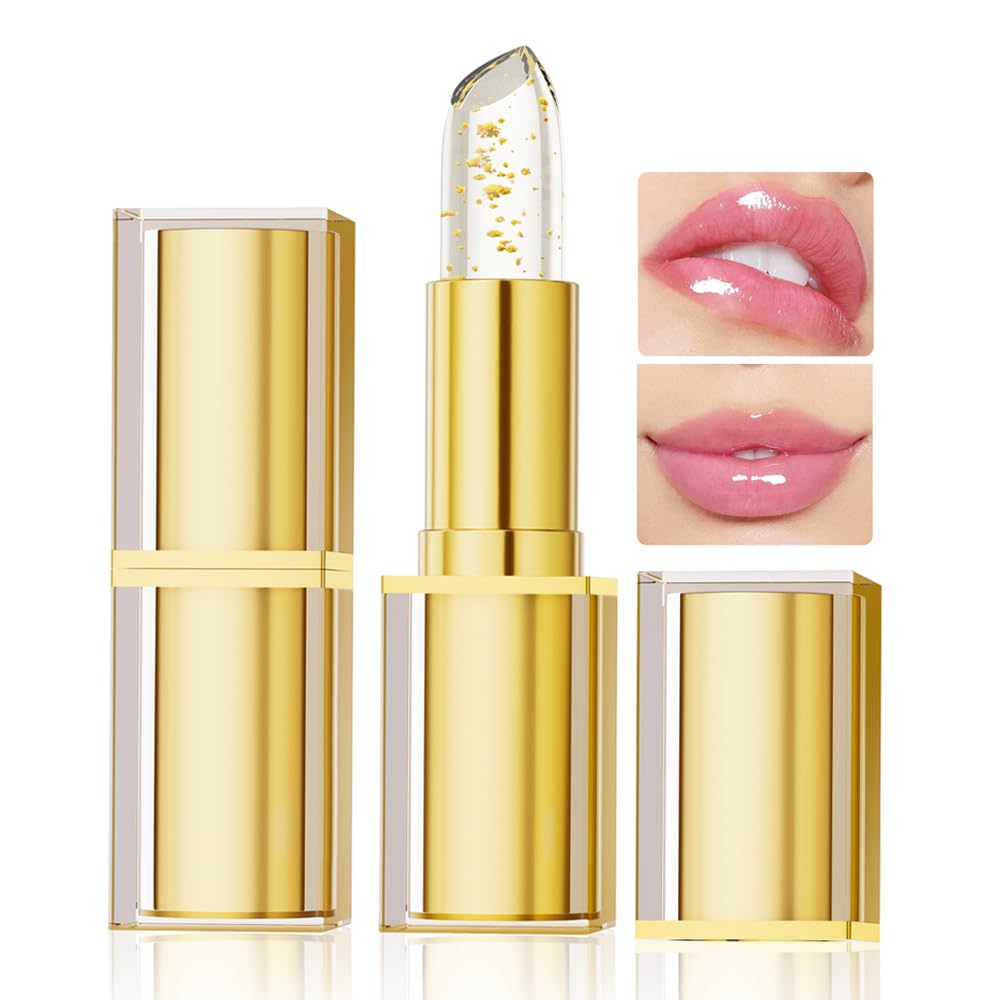 pH Adjusting Lipstick, Transfer Proof Color Changing Lipstick, Gold Crystal Clear Lip Stick That Changes Color, Moisturizing Glossy Shine Lip Balm, Hydrating Non-Sticky Lip Gloss for Women Gold Foil pH Adjusting Lipstick