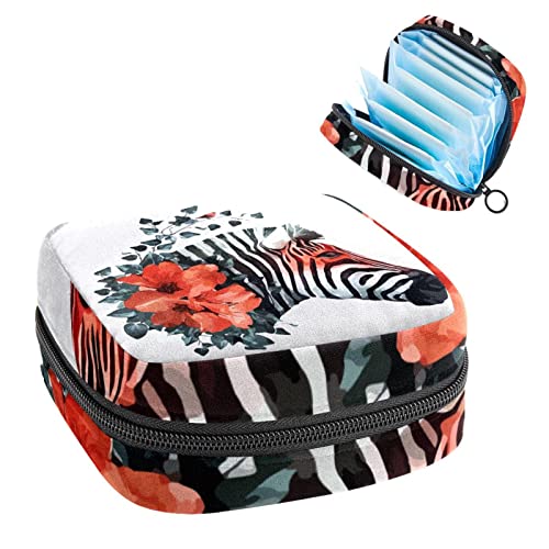 Borsa portaoggetti per assorbenti igienici borsa per coppette mestruali organizer per per donne e ragazze motivo zebrato ad acquerello con fiori rossi