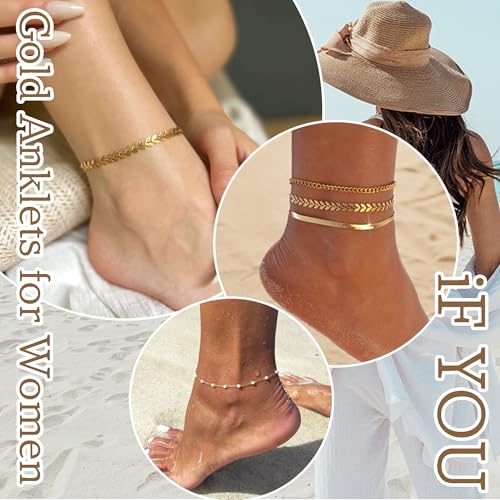 iF YOU Gold Ankle Bracelets for Women, 14k Gold Plated Waterproof Cuban Pearl Snake Chain Anklets Set, Gold Anklets for Women Beach Gift Adjustable Size3