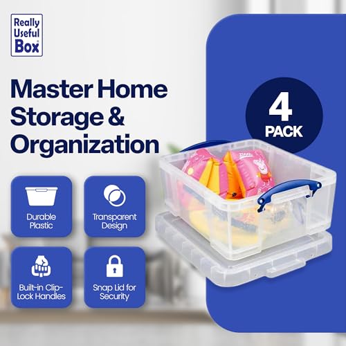 Image of Really Useful Box 17L Plastic Storage Bins, 4 Pack | Containers with Snap Lids and Clip Lock, Clear