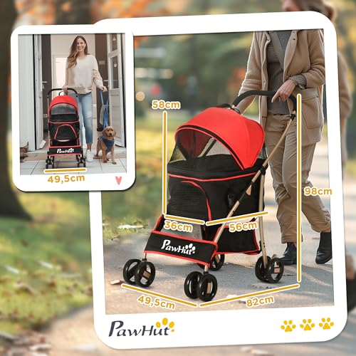 PawHut Hundewagen 2 in 1 Hundebuggy Faltbar klappbar Katzenwagen bis 10kg mit Aufbewahrungskorb, Kissen, Netzfenster, 360° drehbare Räder mit Bremse, Haustierbuggy für kleine Hunde, Rot
