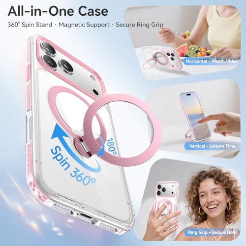 Peerock for iPhone 17 Pro Max Case with 360° Spin Stand, Non-Yellowing Transparent Back, TPU Inner Cushion, Magnetic Mag Safe Compatible, Military Protection, Cute Cover for Girl, Clear/Pink - image 3