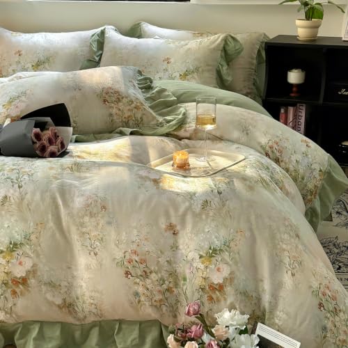 Image of VM VOUGEMARKET Romantic Ruffle Floral Duvet Cover Set Twin Sage Green