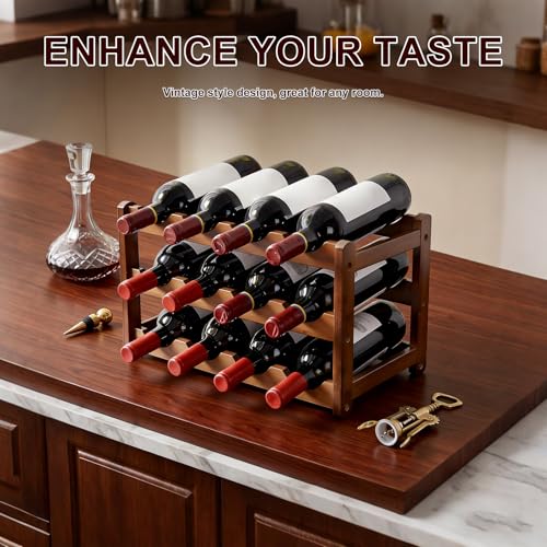 Wooden Wine Rack for 12 Bottles Wine,3 Tier Free Standing Wines Storage,Small Wine Racks Countertop,Standing Bottle Wine Shelf for Kitchen,Cabinet,Cupboard,Bar,Cellar(L43x W23.5x H25cm) - Image 4