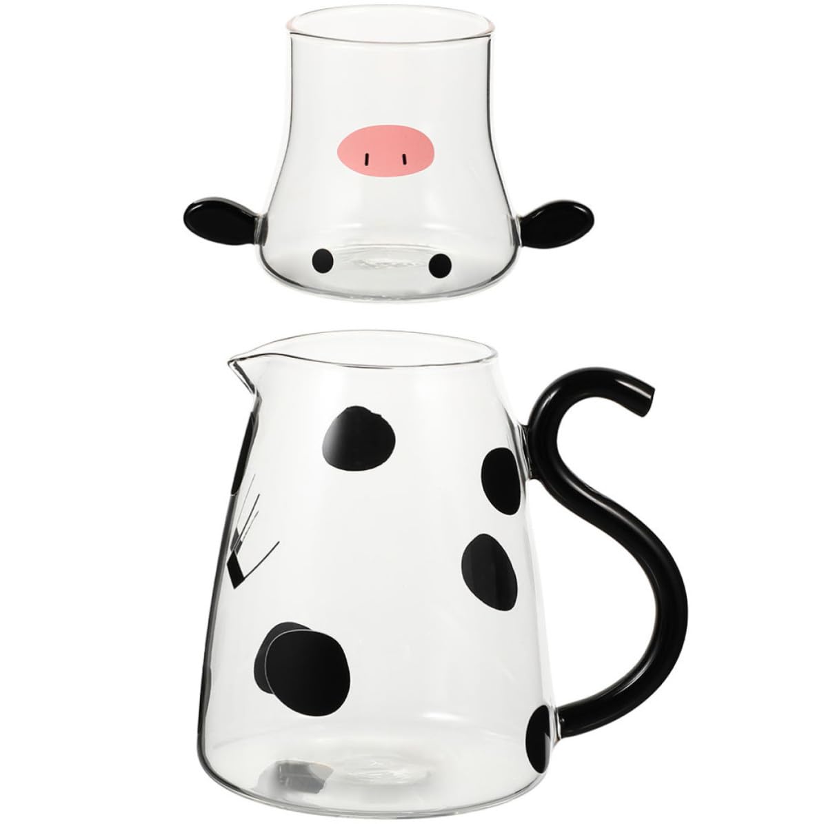 Gadpiparty Jarra de Agua Fría de Vidrio Forma de Vaca, Capacidad 1800ml, Set Multifuncional Tapa y Vaso para Hogar y Restaurante