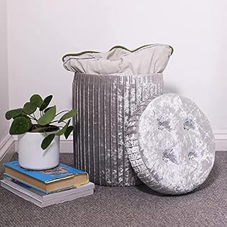 Velvet Dressing Table Stool (Silver/Grey) - Luxury Crushed Velvet Footstool with Storage - Versatile Chair for Bedroom, Living Room, Toy Storage Box r