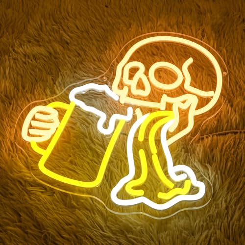 Image of Skull Beer Neon Sign for Wall Decor Halloween Neon Light Bar Led Sign Skeleton Beverage Neon Light Signs for Bedroom Halloween Decoration