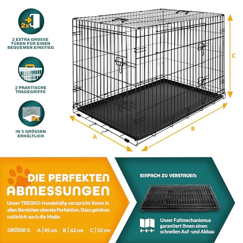 TRESKO Hundekäfig 62 x 45 x 52 cm faltbar mit 2 Türen | Transportkäfig Auto | Hundebox mit Bodenschale | Transportbox Drahtkäfig
