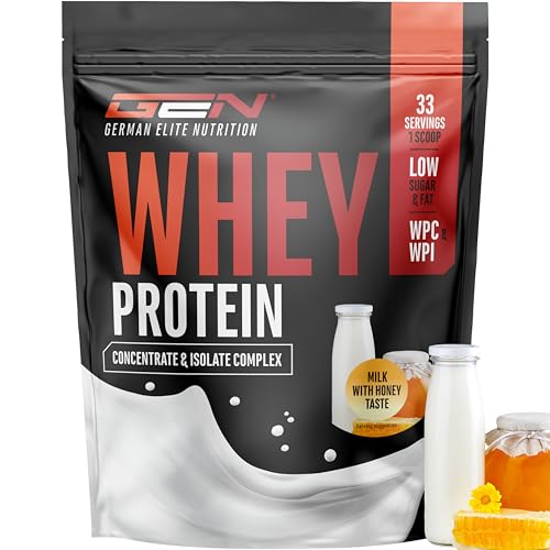 Whey Protein Pulver - 1000 g (Milch mit Honig) - Mit Isolate Anteil - bis zu 22 g Protein pro Portion - Instant lösliches Eiweiss Protein Pulver mit BCAA & EAA