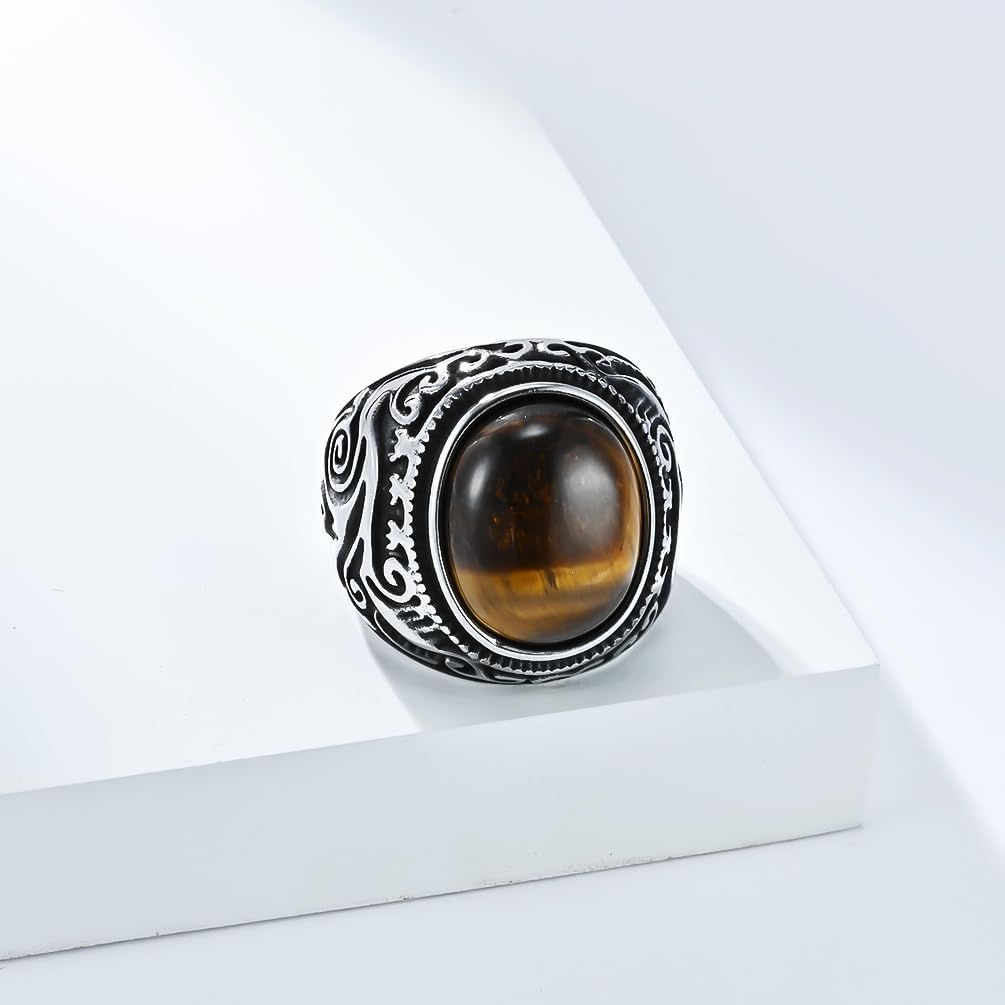 Retro Tiger Eye Stone Ring Oval Gemstone, Stainless Steel Engraving Vintage Decor Patterns for Men Women Signet Band Rings - Image 4