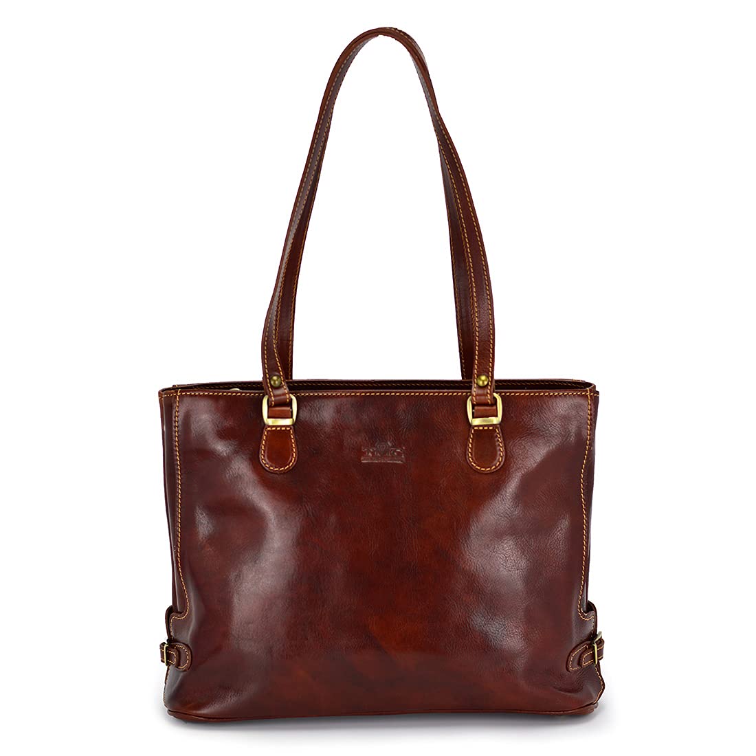 TMC LEATHER DIAMONDS Skórzana shopper Florence 14, brązowa, dwukomorowa, 40x12x28cm, złote okucia, skóra licowa, damska, naturalna
