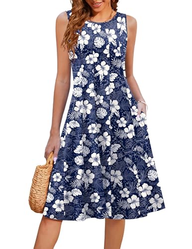 Image of HOTOUCH Summer Casual Dresses for Women Sleeveless Midi Dress Swing Tank Sundress Pleated Tshirt Dress with Pockets
