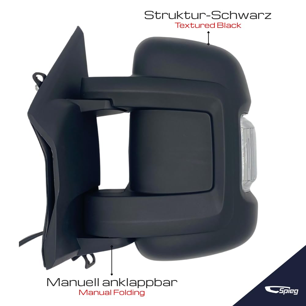 Spieg Außenspiegel Links Kurzer Arm für Fiat Ducato, Peugeot Boxer, Citroën Jumper 2006-2023 Manuell Einklappbar, Schwarz, 8 PIN