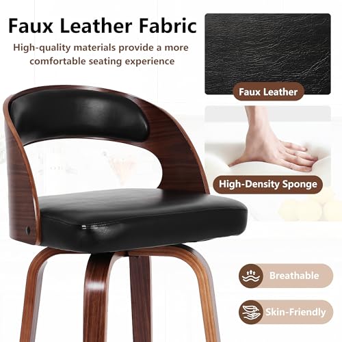 Image of Swivel Bar Stools Set of 2, 26 inch Counter Height Bar Stools with Curved Backrest, Mid-Century Modern PU Fabric Modern Island Chairs with Footrest, for Kitchen, Bar, Restaurant, Cafe, Black
