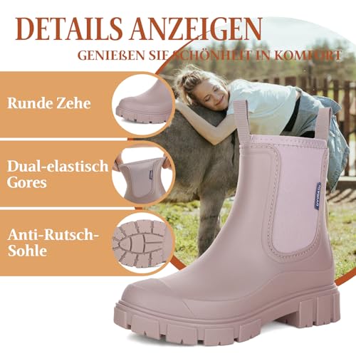 Yenxapei Gummistiefel Damen Wasserdicht Boots,Halbhohe Regenstiefel Chelsea Mit Rutschfest Sohle Modische Schlamm Outdoor Arbeit Stiefel Für Damen