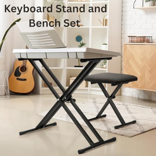 Image of DEVICE OF URBAN INFOTECH Keyboard Stand and Bench Set -Double X-Frame Piano Keyboard Stand with Padded Stool, Adjustable & Foldable Piano Stand Piano Bench Stool for Home, Studio, Stage & Beginners