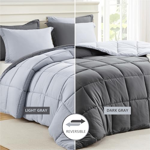 Homelike Moment Queen Comforter Set Grey, Comforters Queen Size Set, Soft Lightweight Down Alternative Bed Comforter Full Size Reversible All Season 3 Pieces Sets Grey/Light Gray - Image 3