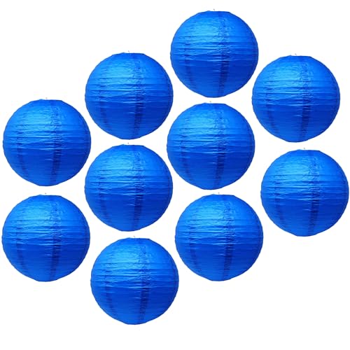 Image of Mudra Crafts 12 Inch Round Chinese Royal Blue Paper Lanterns Hanging Decor | 10 PCs, Reusable, Indoor Outdoor Decorative Lamp Shade, for Ceiling, Wedding, Shower, Party, Festival, Home Decoration
