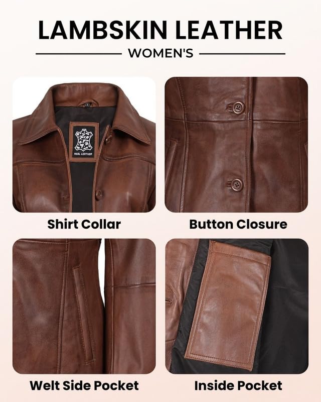 Image of Blingsoul Women's Lambskin Leather Car Coat - Vintage Real Long Leather Jacket for Women