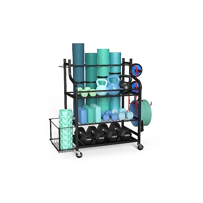 ZACHVO Dumbbell Rack - Home Gym Storage Weight Rack 360° Wheels, Equipment Storage Space-Saving Fitness Organiser for Kettlebells Yoga Blocks, 8 Hooks