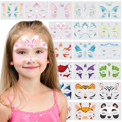 Konsait 20 Sheets Animal Face Tattoos for Kids - Tiger, Spider, Rabbit, Butterfly Designs for Boys and Girls, Fake Face Paint Tattoos Halloween Makeup Stickers Birthday Party Favors