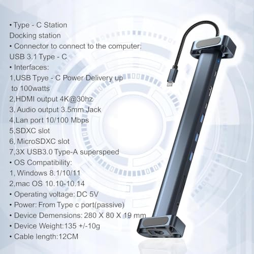 Image of USB C Hub,10 in 1 Laptop Docking Station 2x4K@60Hz,Type-C Multiport A pter with Dual HDMI,PD100W,5Gbps 3.5mm Audio Data Ports, Card,Ethernet Dock for Mac /D-ell /H-P /Surface /Steam Deck