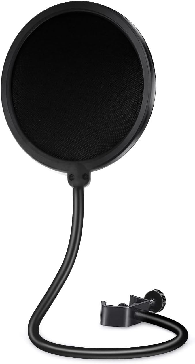 Microphone Pop Filter for Blue Yeti and Other Mics, Dual Layered Wind Screen with Enhanced Flexible 360° Gooseneck Clip Stabilizing Arm for Vocal Recording, Live Broadcasting, Gaming