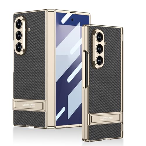 Image of Midkart Magnetic Case Compatible with Samsung Galaxy Z Fold 7 Release 2025 Hinge Protection Leather Cover with Stand Electroplated Camera Protection, Fiber Black & Gold