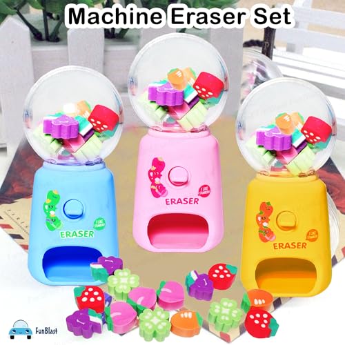 Image of FunBlast Machine Eraser Set - 15 Pcs Fruit Shaped Eraser Dispenser Toy, Mini Kawaii Erasers for Kids, Fancy Erasers for School & Office, Stationery Supplies, Birthday Return Gift for Kids (Pink)