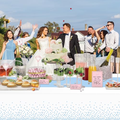Image of WNINK 4 Pack White and Light Blue Tablecloths, Light Blue Disposable Plastic Waterproof Table Cover, 54 inch x 108 inch, for Birthday, Baby Shower,Wedding, Bridal Shower, Picnic Camping Parties