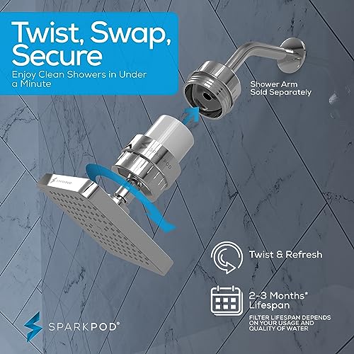 Image of SparkPod Filtered Shower Head, 23-Stage, 6 inch Square, Polished Chrome | Showerhead for Hard Water, High Pressure, Reduces Chlorine, Heavy Metals, For Dry Skin & Hair, Removable Capsule Filter