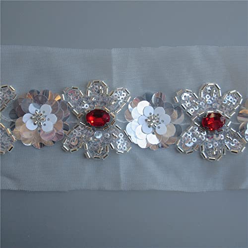 50Cm/Lot Red Rhinestones Diamond Sequins Lace Edge Trimming Beaded Flower Ribbon 50Mm Width Handmade Fabric For Bridal Wedding Dress Sewing Craft Accessories Decoration #TOP5