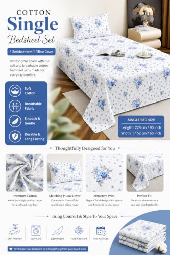 Image of IVAZA 240 TC Soft Ezyption Floral Single Bed Sheet Cotton - Single bedsheet with 1 Pillow Cover Hypoallergenic, Brethable, (Size- 60 x 90 Inch Blue White Flower