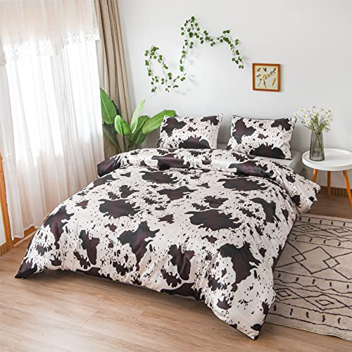 Aimuan Brown Cow Print Comforter Satin Luxury Silk Like Satin Silky Cozy Quilt Set Super Soft Cartoon Bedding Sets With 2 Matching Pillow Covers (Cream-Coffee, King) #TOP1