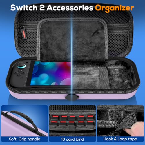 Image of Auarte [Charge Inside Switch 2 Carrying Case for Nintendo Switch 2 | Slim Travel Carry Cases for Switch 2 with Protective Cover Case (Light Purple, for Switch 2, Case Protector 5 in 1 Set)