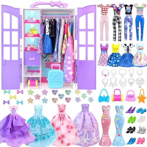 92Pcs Doll Clothes and Accessories with Doll Closet for 11.5 Inch Doll Fashion Design Kit Girl Dress Up Including Fashion Dress Outfits Tops and Pants Shoes Hangers Bags Necklaces Girls Toy Gifts
