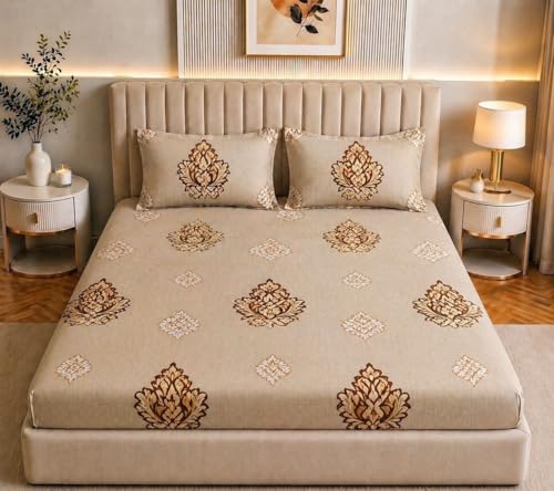 Image of Castiqa Elastic Fitted Supersoft Premium Polycotton 200TC King Size Bedsheets with 2 Pillow Covers (Fits Upto Mattress of 8Inches) (Beige, Full 72x78x8Inch)