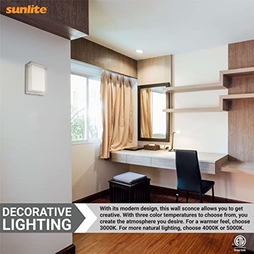 Image of Sunlite 81480 8 inch Modern LED Wall Sconce Light, Outdoor Fixture, Adjustable 3 CCT 3000K-5000K, 12 Watts, 600 Lumens, Opal Shade, Brushed Nickel Frame, Indoor For Bathrooms, Garage, Hallways & Entryways