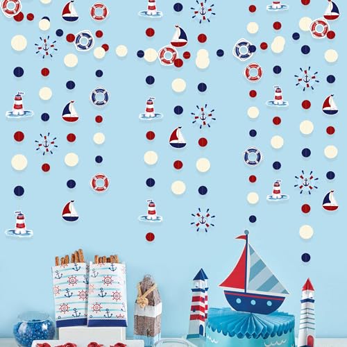 Image of Nautical Party Decorations Red Blue Beige Circle Dots Garland Hanging Paper Polka Dot Streamer for Birthday Wedding Shower Bachelorette Nautical Ahoy Achor Pirate Theme Party Decorations Supplies
