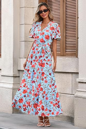 Image of MASCOMODA Women Boho Swiss Dot Maxi Dresses Wrap V Neck Flutter Short Sleeve Solid Tie Waist A Line Tiered Flowy Long Dresses