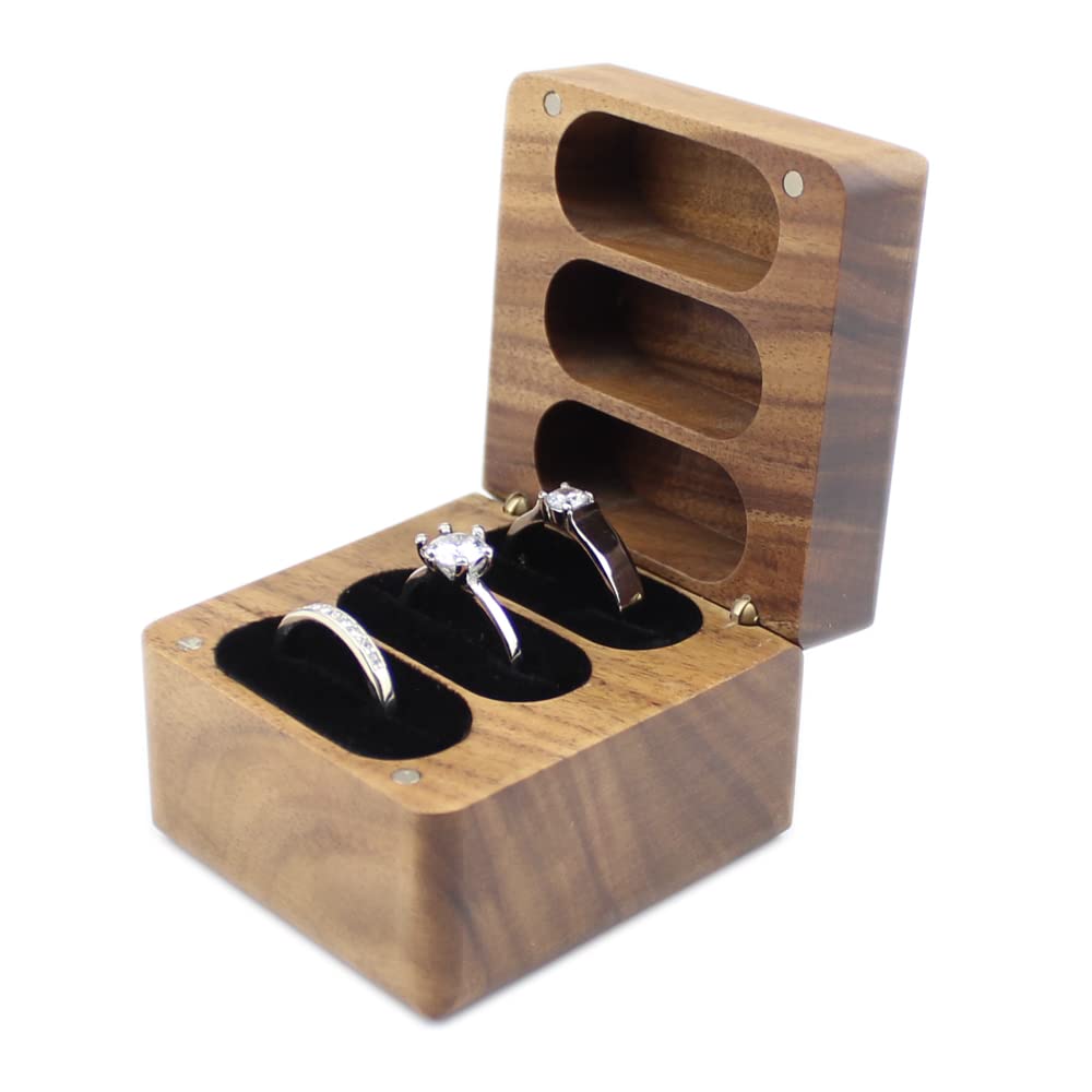 DSHOM Rustic Wooden Engagement Wedding Ring Box, Acacia Solid Wood Square Box for Ring Storage 3 Soft Velvet Slots for Wedding Ceremony Women Mens Ring Bearer Box