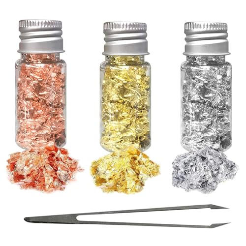 LáMina de Oro para Resina,3 Botellas Copos de Oro Lámina Decorativa Copos de Hojas MetáLicos Multifunción Papel Aluminio Dorado con Pinzas para DIY Uñas Arte Resina Manualidades Decoración