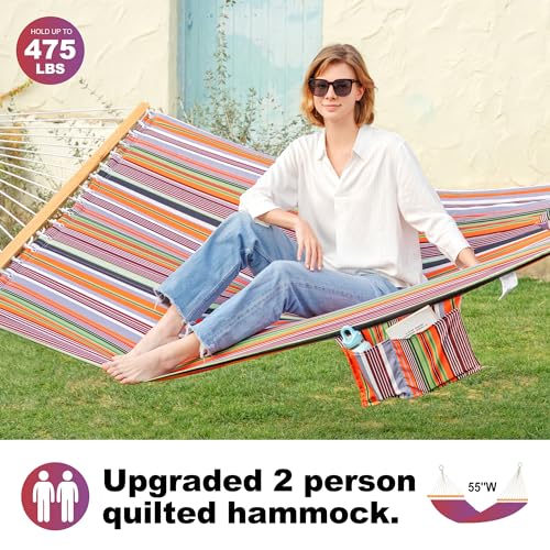 Image of GAFETE Hammock 2 Person Quilted Fabric Hammocks for Outside, Double 12ft Hammocks with Spreader Bar, Large Removable Pillow, Storage Bag, Carabiners, Max 475 lbs Capacity (Canyon Sunset)