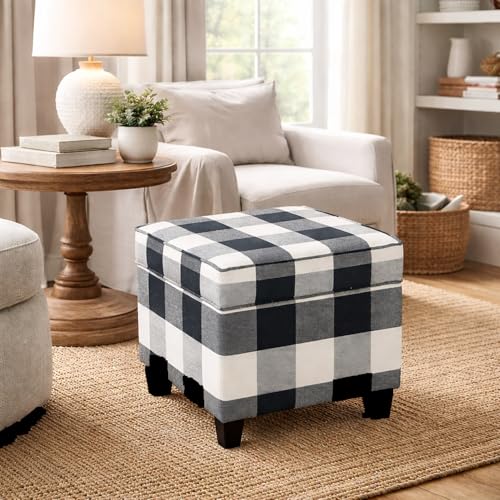 Image of HomePop Home Decor | K7342-F2262| Classic Square Storage Ottoman with Lift Off Lid | Ottoman with Storage for Living Room & Bedroom, Black Plaid Large