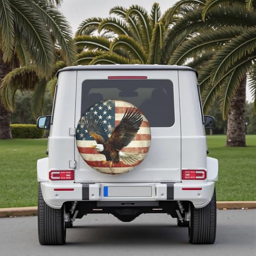 Image of American Flag Spare Tire Cover Brown Bald Eagle Wheel Covers 14 Inch | White Star,Polyester,Protectors Tire Cover,Waterproof,Dust-Proof,Universal,Fit for RV Jeep SUV Motor Travel Camper Tires