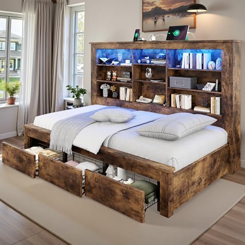 Jocisland Twin Daybed with Bookcase Headboard, USB-C Charging, RGB Lights & 3 Drawers, No Box Spring Needed, Wood Bed Frame for Teens, Dorms, Guest Room, Rustic Oak