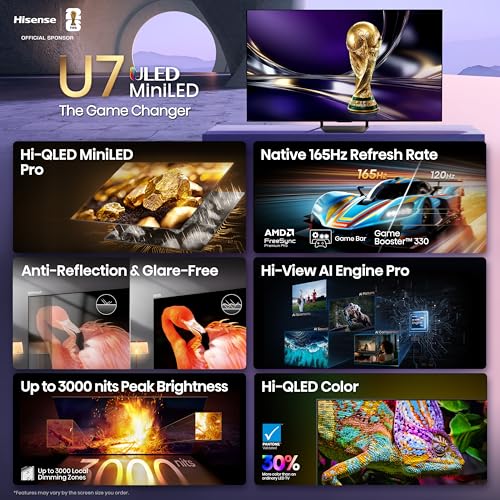 Image of Hisense 55 inch U7 Mini-LED ULED 4K UHD Best Premium Gaming Google Smart TV (55U7SG, 2026 NEW) - Hi-QLED, Native 165Hz, VRR 330, HDR10+, Dolby Vision IQ.Atmos, IMAX Enhanced, Anti-Reflection, 2.1.2 Ch