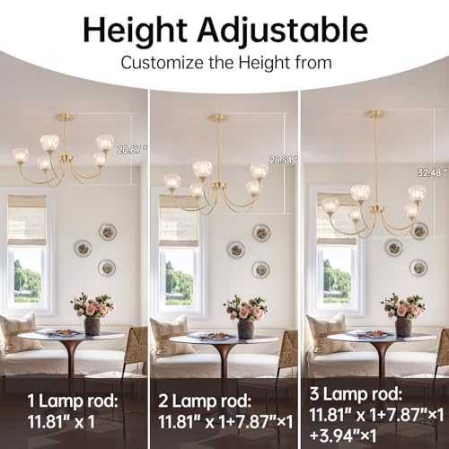 Image of Shenmoyl 30.31 inch Brass Gold 5-Light Chandelier, 5-Arm Clear Tulip Glass Pendant Light Fixture, Height Adjustable Vintage Branch Chandelier for Dining Room Living Room Kitchen Island Farmhouse