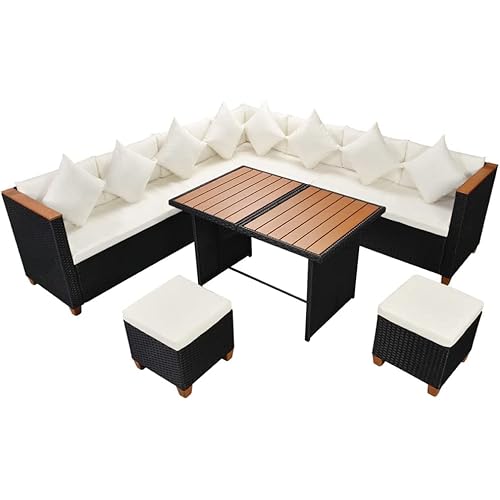 7 Piece Patio Lounge Set with Cushions Poly Rattan Black